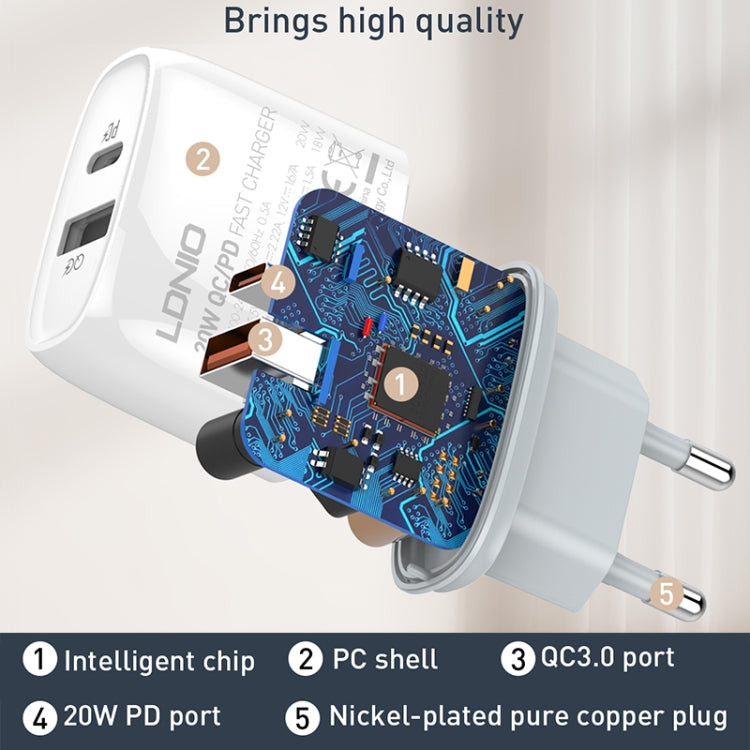 LDNIO Q229 QC3.0 / PD20W USB + 타입-C 고속 충전기 1m USB to 8핀 케이블 포함, EU 플러그, UK 플러그, US 플러그