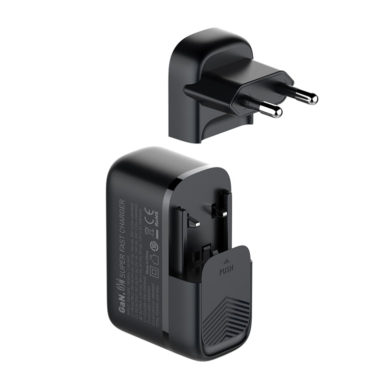 LDNIO Q366 65W USB + 듀얼 타입-C 포트 충전기 1m USB-C / 타입-C to USB-C / 타입-C 데이터 케이블 포함, EU 플러그, UK 플러그, US 플러그