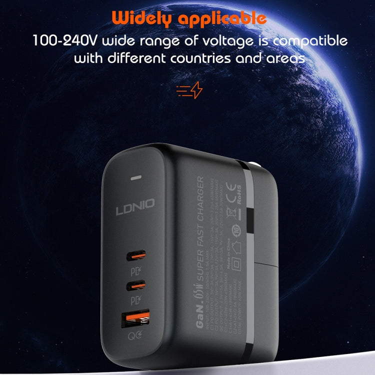 LDNIO Q366 65W USB + 듀얼 타입-C 포트 충전기 1m USB-C / 타입-C to USB-C / 타입-C 데이터 케이블 포함, EU 플러그, UK 플러그, US 플러그