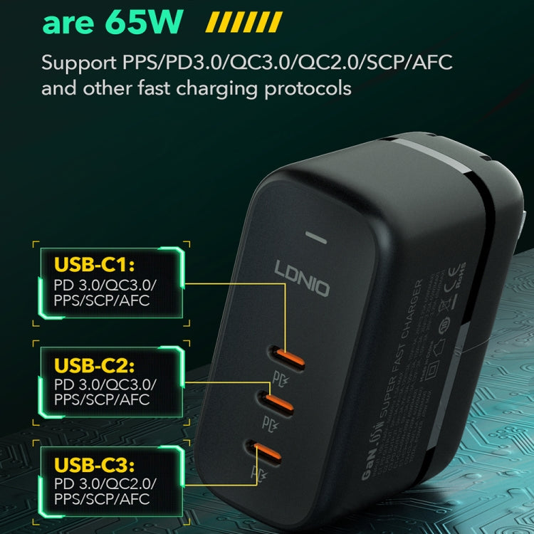 LDNIO Q367 65W GaN 3 x USB-C / 타입-C 인터페이스 충전기 1m USB-C / 타입-C to USB-C / 타입-C 데이터 케이블 포함, EU 플러그, UK 플러그, US 플러그