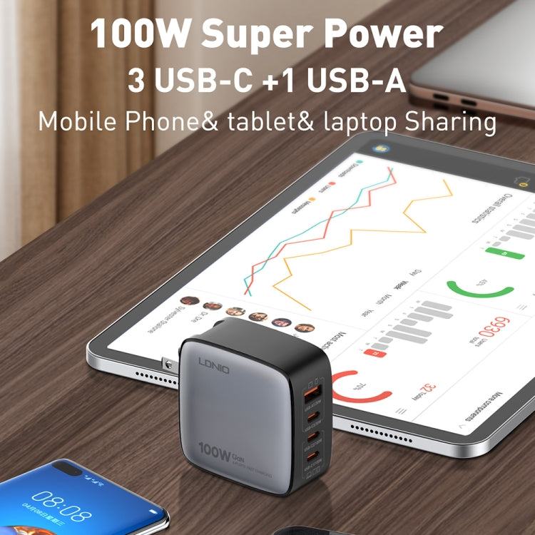 LDNIO Q408 100W GaN USB+3 USB-C / 타입-C 인터페이스 충전기 1m 100W USB-C / 타입-C to USB-C / 타입-C 데이터 케이블 포함, EU 플러그, UK 플러그, US 플러그