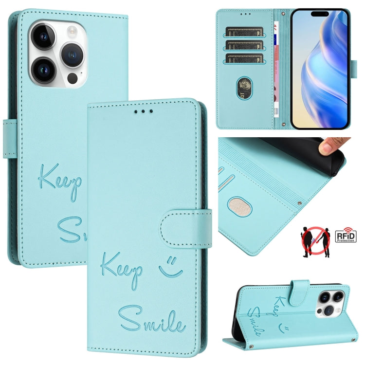 스마일 엠보싱 RFID 가죽 휴대폰 케이스, iPhone 16용, iPhone 15 Pro Max용, iPhone 15 Pro용, iPhone 15 Plus용, iPhone 15용, iPhone 14 Plus용, iPhone 14 / 13용, iPhone 14 Pro용