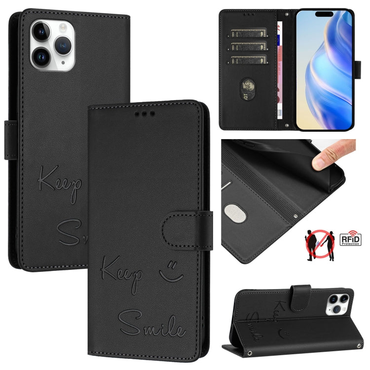 스마일 엠보싱 RFID 가죽 휴대폰 케이스, 아이폰 11 프로 맥스용, 아이폰 11용, 아이폰 11 프로용, 아이팟 터치 7 / 6 / 5용, 아이폰 X / XS용, 아이폰 XR용, 아이폰 XS 맥스용, 아이폰 8 플러스 / 7 플러스용