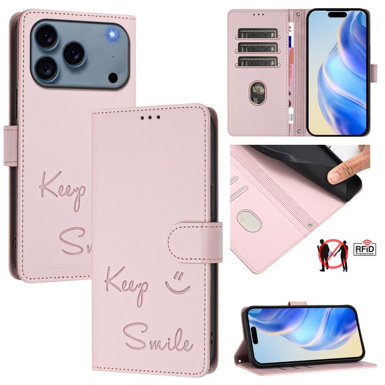 스마일 엠보싱 RFID 가죽 폰 케이스, 아이폰 17 프로 맥스용, 아이폰 17 프로용, 아이폰 17용, 아이폰 Air용, 아이폰 SE 2024용, 아이폰 16 프로 맥스용, 아이폰 16 프로용, 아이폰 16 플러스용