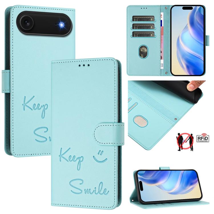 스마일 엠보싱 RFID 가죽 폰 케이스, 아이폰 17 프로 맥스용, 아이폰 17 프로용, 아이폰 17용, 아이폰 Air용, 아이폰 SE 2024용, 아이폰 16 프로 맥스용, 아이폰 16 프로용, 아이폰 16 플러스용