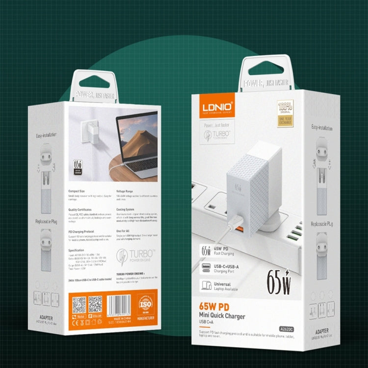 LDNIO A2620C PD3.0 65W USB 전원 어댑터 여행용 충전기 타입-C to 타입-C 케이블 포함, EU 플러그, US 플러그, UK 플러그