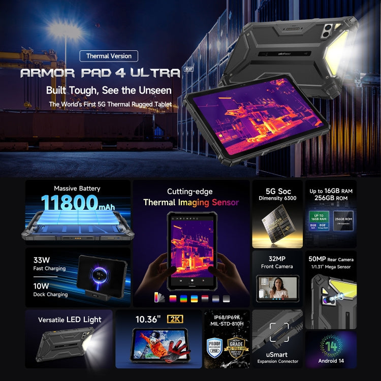 Ulefone Armor Pad 4 Ultra 열 버전 러기드 태블릿, 10.36인치 Android 14 MediaTek Dimensity 6300 옥타 코어 5G 네트워크, EU 플러그, Armor Pad 4 Ultra 열화상
