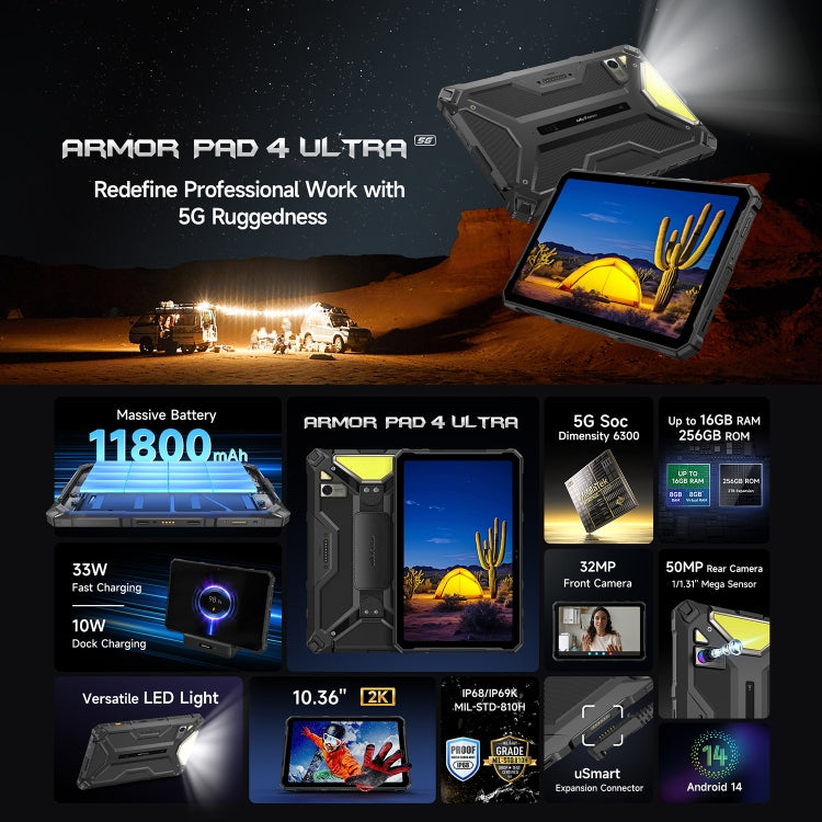 Ulefone Armor Pad 4 Ultra 러기드 태블릿 PC, 10.36인치 Android 14 MediaTek Dimensity 6300 옥타 코어 5G 네트워크, EU 플러그, Armor Pad 4 Ultra