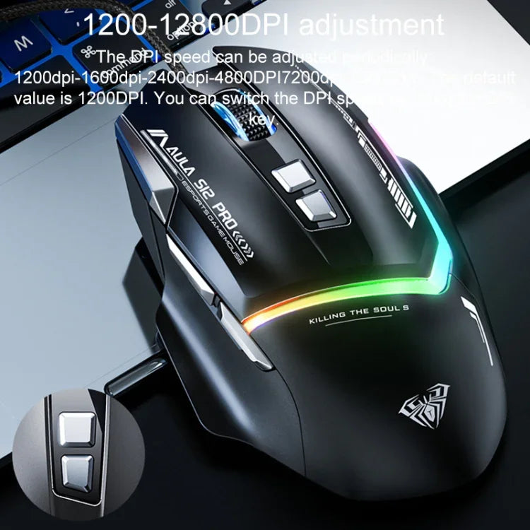 AULA S12 Pro 12800DPI Wired RGB Gaming Mouse
