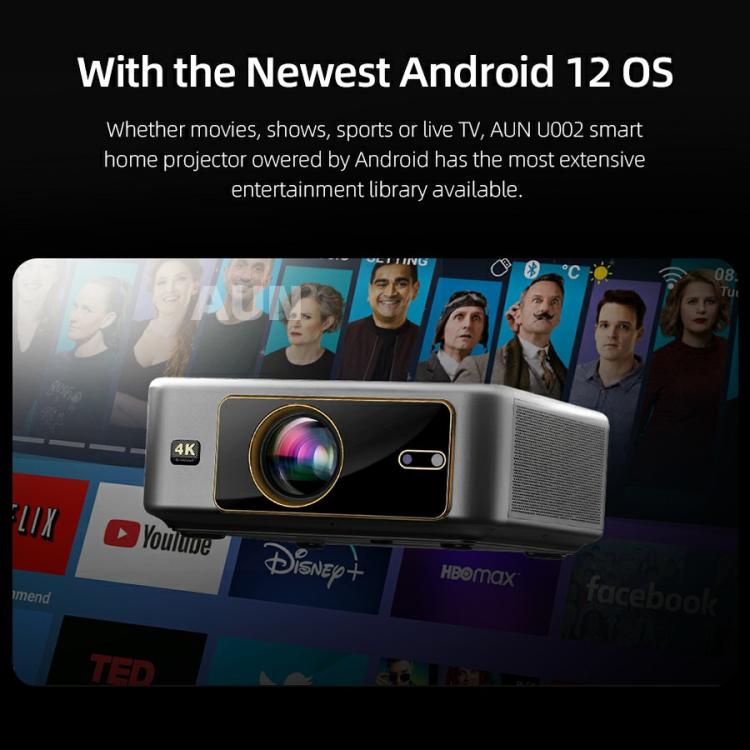 AUN U002 1920x1080P 970ANSI 안드로이드 12 홈 시어터 스마트 프로젝터, 미국 플러그, 영국 플러그, 호주 플러그, 유럽 플러그