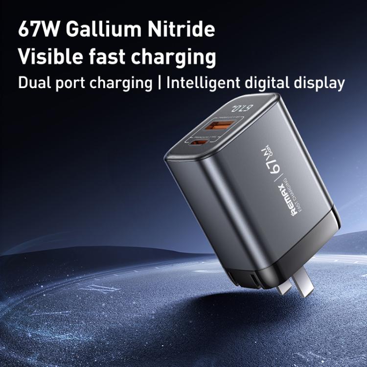 REMAX U2-AC 67W USB 및 타입-C GaN 디지털 디스플레이 고속 충전기, EU 플러그, UK 플러그
