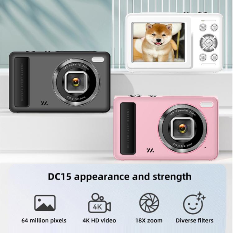 DC15 2.4인치 18배 디지털 줌 카메라, 4K HD 비디오, 64MP 촬영