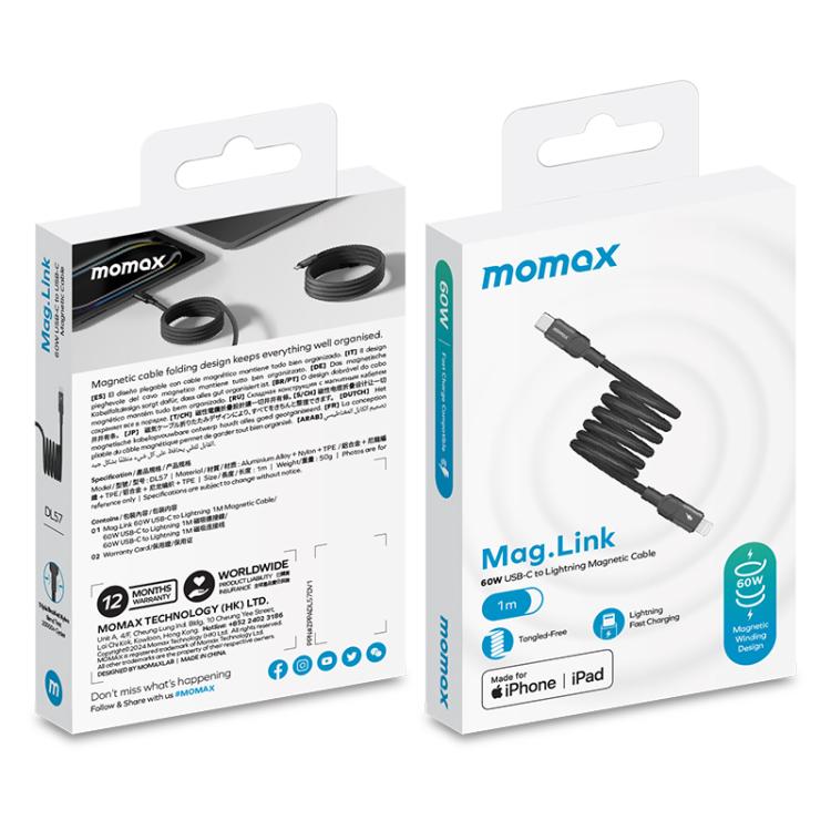 MOMAX DL57D Mag.Link 60W Type-C to 8핀 자석 꼬임 고속 충전 데이터 케이블, 길이:1m