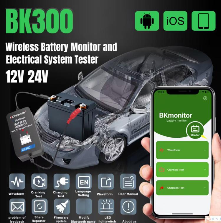 KONNWEI BK300 6V / 12V / 24V Car Bluetooth 5.0 Battery Monitor Diagnostic Tool, BK300