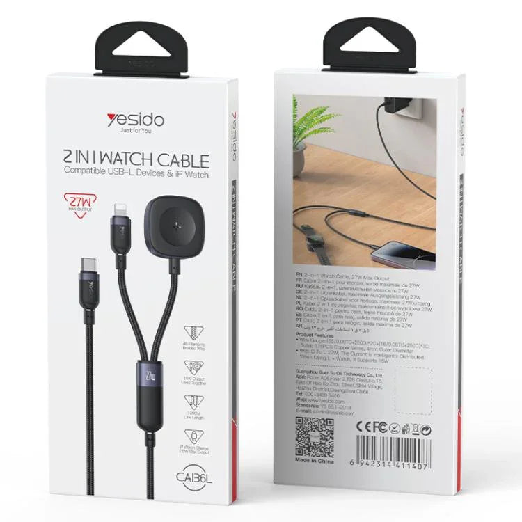 Yesido CA136L 27W USB-C / 타입-C to 8핀 & 아이워치 2-in-1 충전 케이블, CA136L