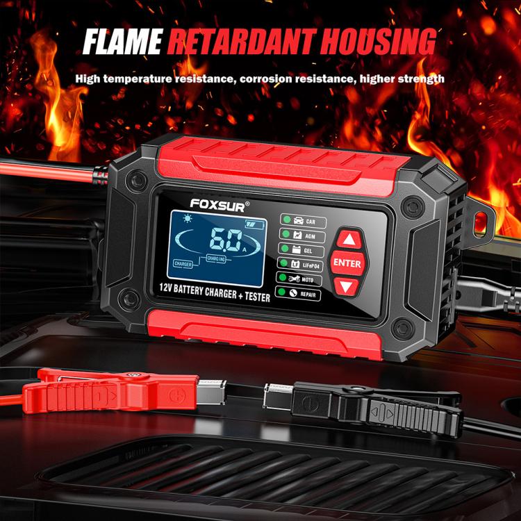 FOXSUR FTC-1206 2 in 1 12V Charging Tester Integrated Machine Car Motorcycle Battery Charger Tester, EU Plug, US Plug, UK Plug, AU Plug