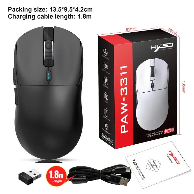 HXSJ T68 3모드 유선 2.4G BT5.1 무선 경량 게이밍 마우스, T68