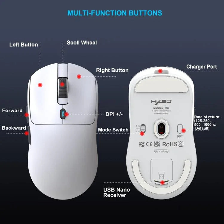 HXSJ T68 3모드 유선 2.4G BT5.1 무선 경량 게이밍 마우스, T68