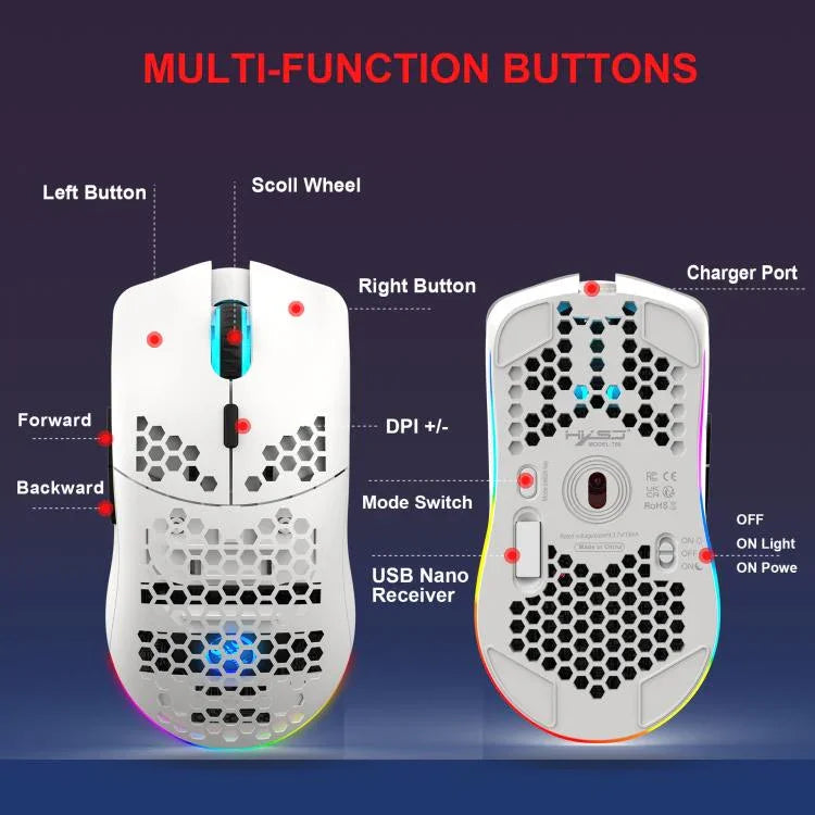 HXSJ T66 3모드 유선 2.4G BT5.3 무선 RGB 충전식 마우스, T66