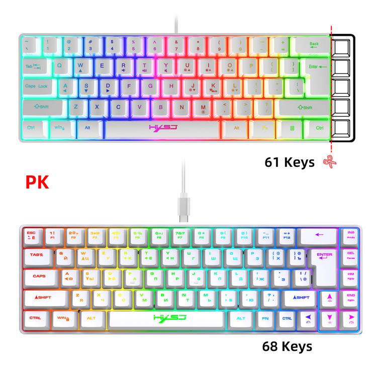 HXSJ V200 러시아어 버전 유선 RGB 백라이트 기계식 키보드 68키 캡, 케이블 길이: 1.7m, V200 러시아어 버전 화이트