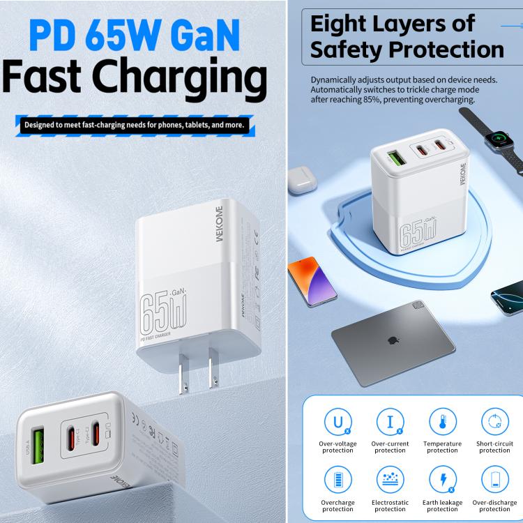 WK WP-U66 킨콩 65W 듀얼 USB-C / 타입-C + USB GaN 고속 충전기, UK 플러그, US 플러그, EU 플러그