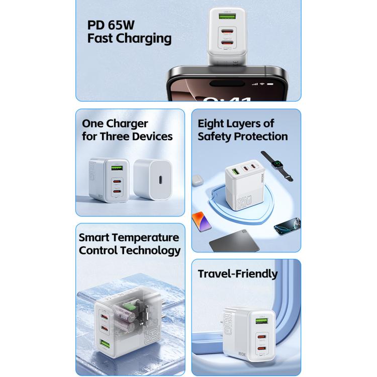 WK WP-U66 킨콩 65W 듀얼 USB-C / 타입-C + USB GaN 고속 충전기, UK 플러그, US 플러그, EU 플러그