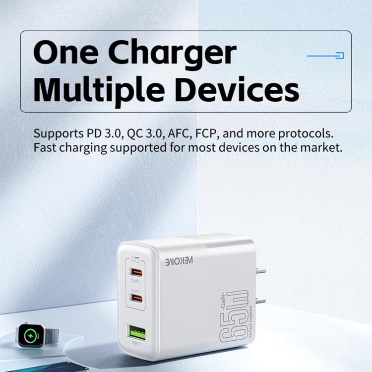 WK WP-U66 킨콩 65W 듀얼 USB-C / 타입-C + USB GaN 고속 충전기, UK 플러그, US 플러그, EU 플러그