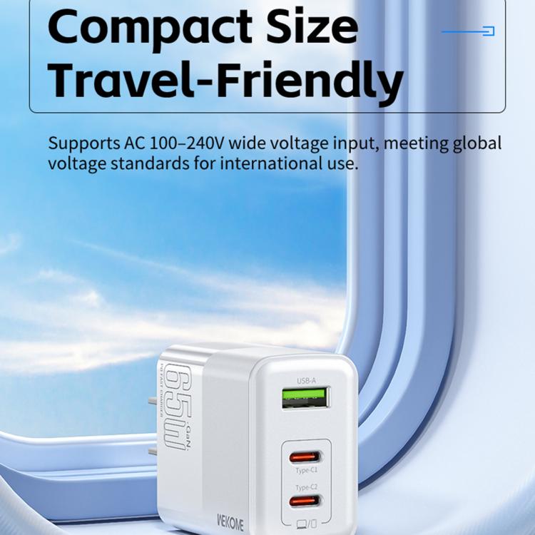 WK WP-U66 킨콩 65W 듀얼 USB-C / 타입-C + USB GaN 고속 충전기, UK 플러그, US 플러그, EU 플러그