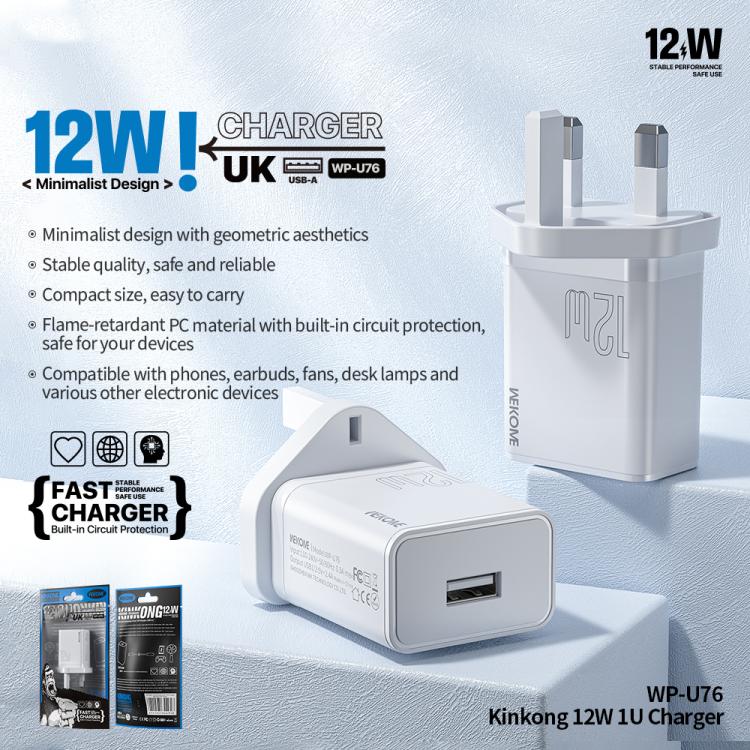 WK WP-U76 킨콩 12W USB 충전기, UK 플러그, US 플러그, EU 플러그