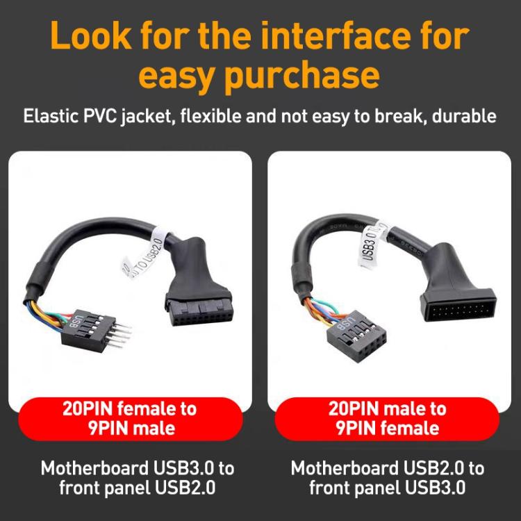 컴퓨터 마더보드 USB3.0 어댑터 케이블 2개, 20핀 수컷 to 9핀 암컷, 9핀 수컷 to 20핀 암컷