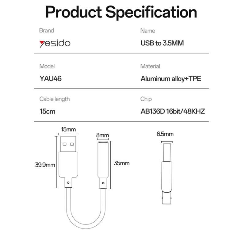 Yesido YAU46 USB to 3.5mm 알루미늄 합금 오디오 어댑터, YAU46