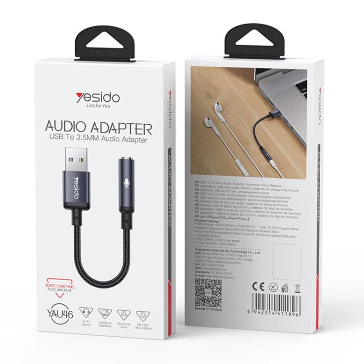 Yesido YAU46 USB to 3.5mm 알루미늄 합금 오디오 어댑터, YAU46