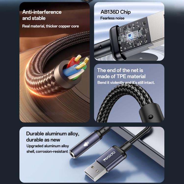 Yesido YAU46 USB to 3.5mm 알루미늄 합금 오디오 어댑터, YAU46
