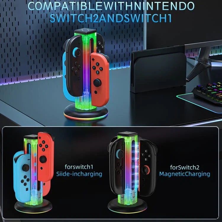 JYS NS2318 4 in 1 게임 컨트롤러 충전 도크 RGB 라이트 포함, 닌텐도 스위치 1 / 2용, JYS-NS2318