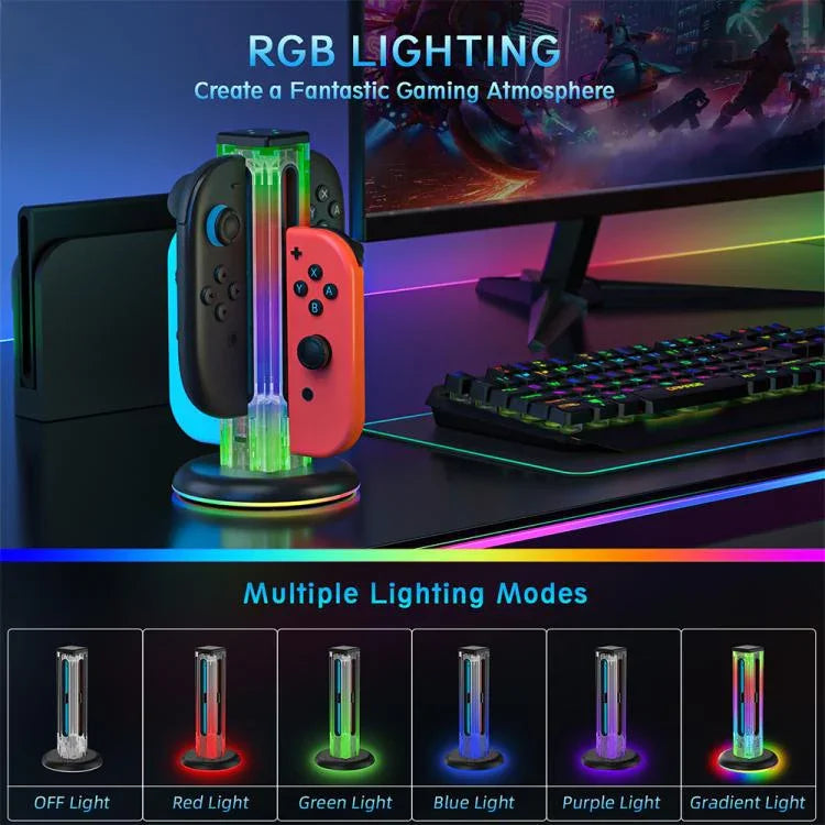 JYS NS2318 4 in 1 게임 컨트롤러 충전 도크 RGB 라이트 포함, 닌텐도 스위치 1 / 2용, JYS-NS2318