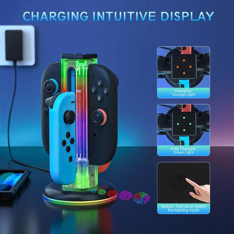 JYS NS2318 4 in 1 게임 컨트롤러 충전 도크 RGB 라이트 포함, 닌텐도 스위치 1 / 2용, JYS-NS2318