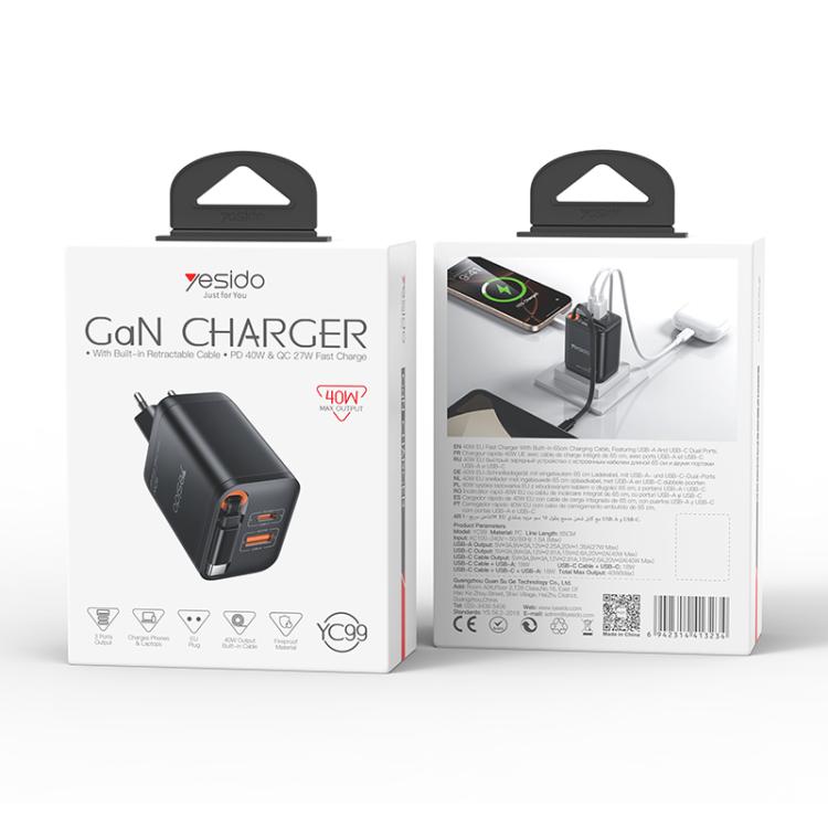 Yesido YC99 40W 고속 충전기 텔레스코픽 타입-C 케이블 포함, YC99