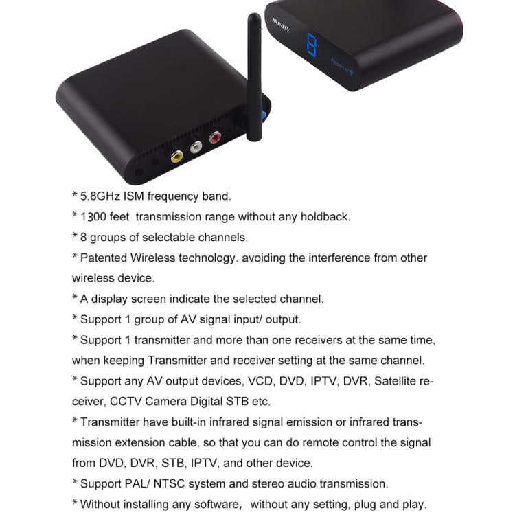 Measy AV540 5.8GHz 무선 오디오/비디오 송수신기 적외선 리턴 기능 포함, 거리: 400m, AV540 블랙