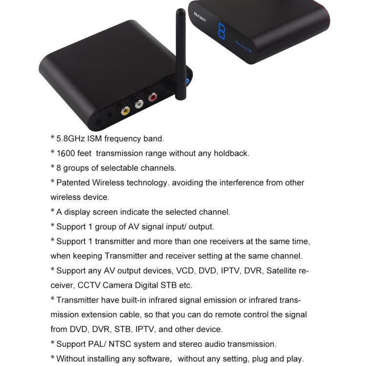 Measy AV550 5.8GHz 무선 오디오/비디오 송수신기 적외선 리턴 기능 포함, 거리: 500m, AV550 블랙