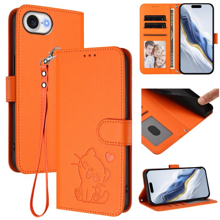 엠보싱 하트 고양이 가죽 휴대폰 케이스 손 스트랩 포함, 아이폰 17e / 16e용, 아이폰 17 프로 맥스용, 아이폰 17 프로용, 아이폰 17용