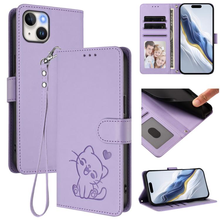 손목 스트랩이 있는 엠보싱 하트 고양이 가죽 휴대폰 케이스, iPhone 15용, iPhone 14 Plus용, iPhone 14 / 13용, iPhone 14 Pro용