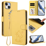 손목 스트랩이 있는 엠보싱 하트 고양이 가죽 휴대폰 케이스, iPhone 15용, iPhone 14 Plus용, iPhone 14 / 13용, iPhone 14 Pro용
