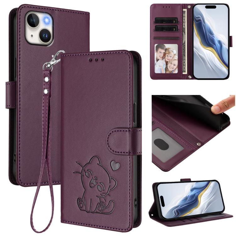 손목 스트랩이 있는 엠보싱 하트 고양이 가죽 휴대폰 케이스, iPhone 15용, iPhone 14 Plus용, iPhone 14 / 13용, iPhone 14 Pro용