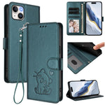 손목 스트랩이 있는 엠보싱 하트 고양이 가죽 휴대폰 케이스, iPhone 15용, iPhone 14 Plus용, iPhone 14 / 13용, iPhone 14 Pro용