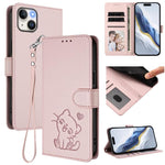 손목 스트랩이 있는 엠보싱 하트 고양이 가죽 휴대폰 케이스, iPhone 15용, iPhone 14 Plus용, iPhone 14 / 13용, iPhone 14 Pro용