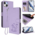 손목 스트랩이 있는 엠보싱 하트 고양이 가죽 휴대폰 케이스, iPhone 15용, iPhone 14 Plus용, iPhone 14 / 13용, iPhone 14 Pro용