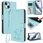 손목 스트랩이 있는 엠보싱 하트 고양이 가죽 휴대폰 케이스, iPhone 15용, iPhone 14 Plus용, iPhone 14 / 13용, iPhone 14 Pro용
