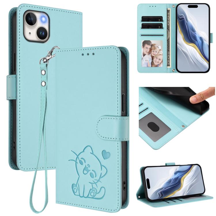 손목 스트랩이 있는 엠보싱 하트 고양이 가죽 휴대폰 케이스, iPhone 15용, iPhone 14 Plus용, iPhone 14 / 13용, iPhone 14 Pro용