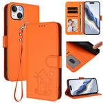 손목 스트랩이 있는 엠보싱 하트 고양이 가죽 휴대폰 케이스, iPhone 15용, iPhone 14 Plus용, iPhone 14 / 13용, iPhone 14 Pro용