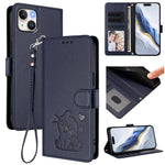 손목 스트랩이 있는 엠보싱 하트 고양이 가죽 휴대폰 케이스, iPhone 15용, iPhone 14 Plus용, iPhone 14 / 13용, iPhone 14 Pro용